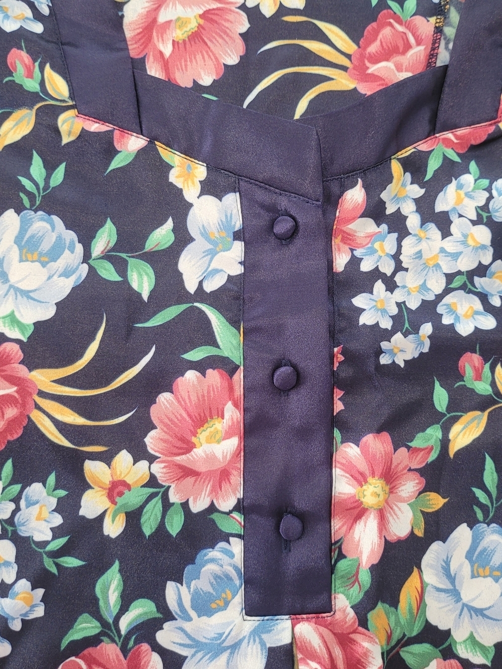 Floral Satin Nightshirt - Navy with Pink & Blue Blooms Size L - Picture 3 of 10